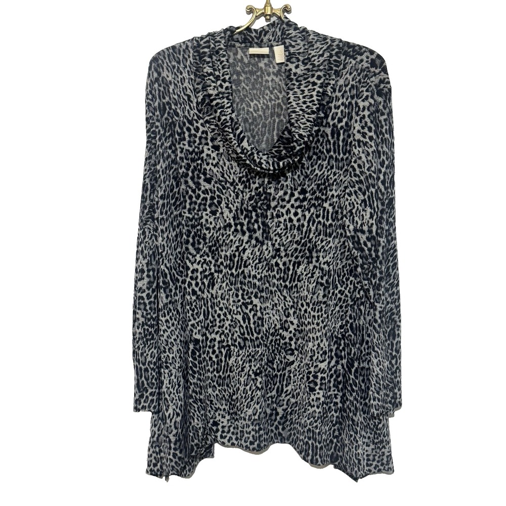 CHICOS Leopard Top XL Cowl Neck Jersey Gray‎ Black Long Sleeve